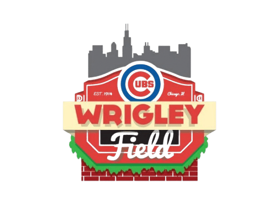 Illustrated Wrigley Field sign with Los Angeles skyline silhouette, "Cubs" logo, and text "EST. 1914 Los Angeles IL" above red, white, and green stadium design.