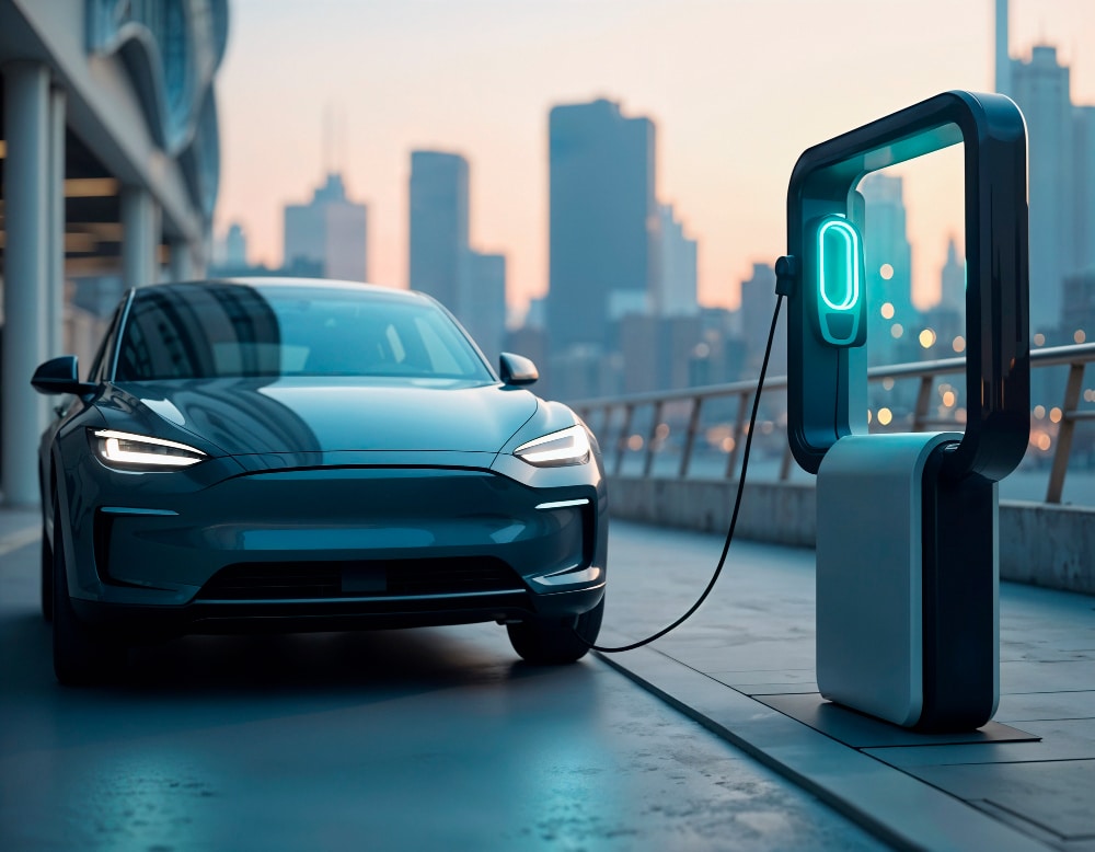 A modern electric car is plugged into a charging station on a city rooftop at dusk, with skyscrapers visible in the background.