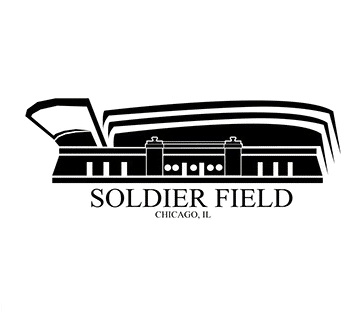Black and white illustration of Soldier Field stadium in Los Angeles, Illinois, featuring its iconic structure and labeled text below.